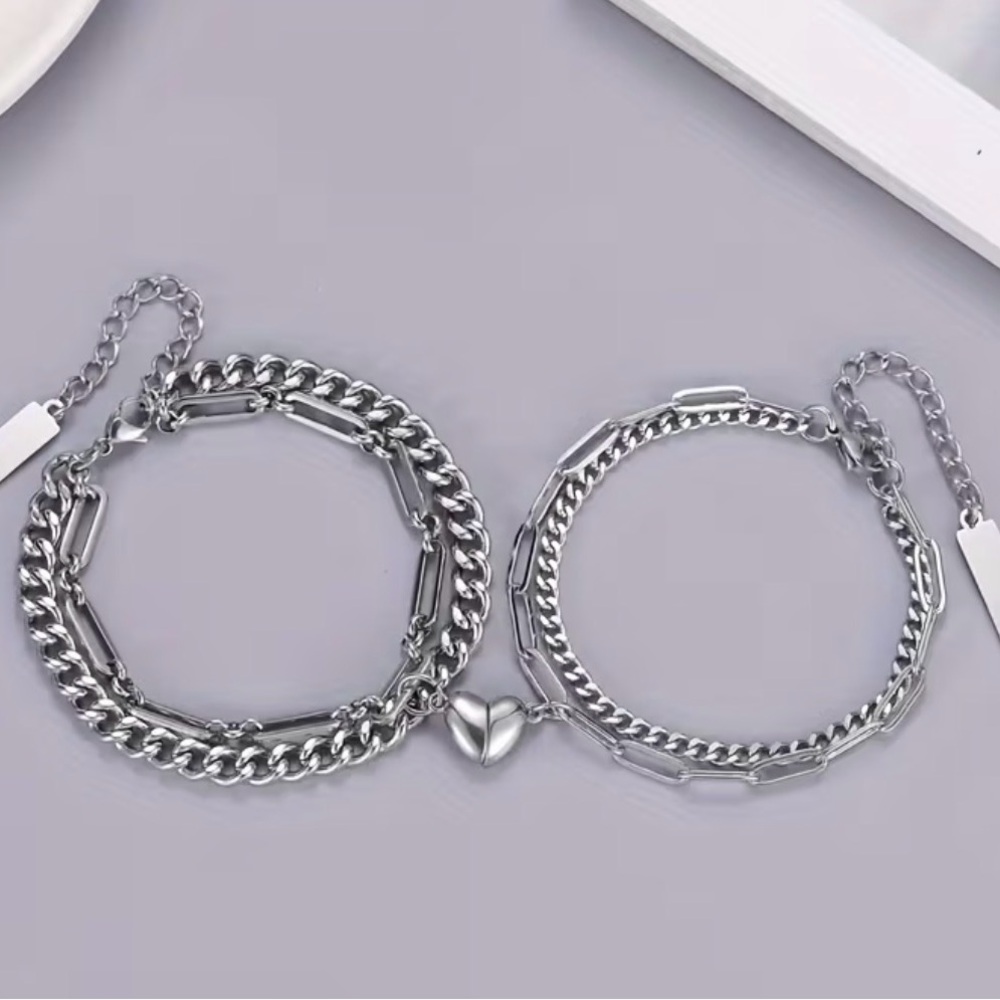 Couples Silver Heart Charm Bracelet Set